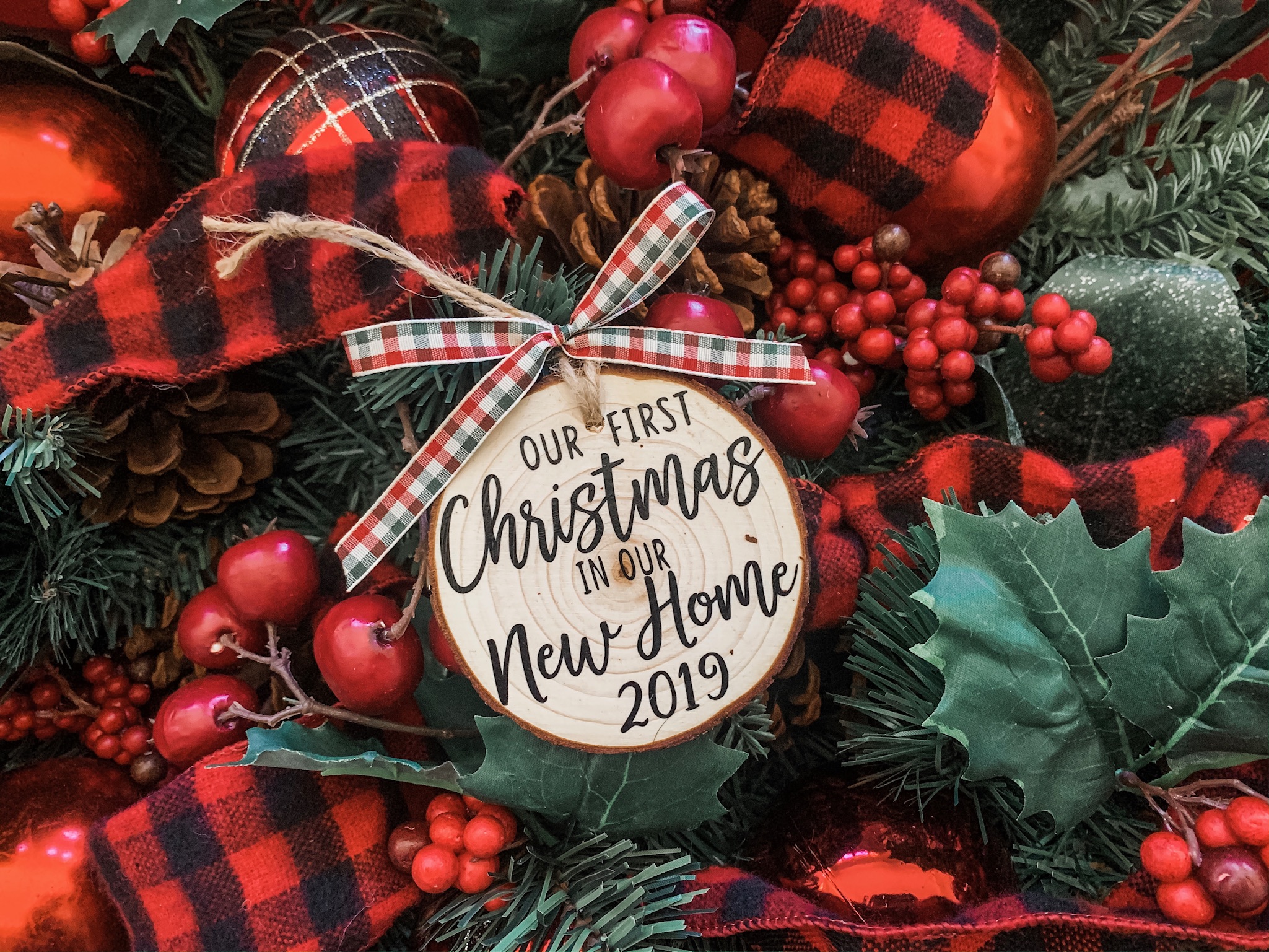 " Our First Christmas In Our New Home 2019 " Custom Personalized Wood Ornament 